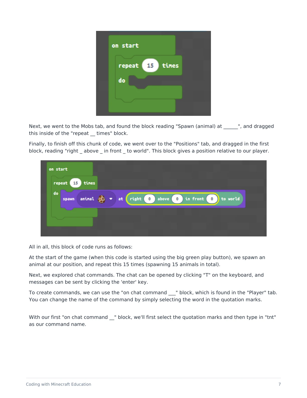 Minecraft lesson page showing MakeCode repeat loops and chat commands.