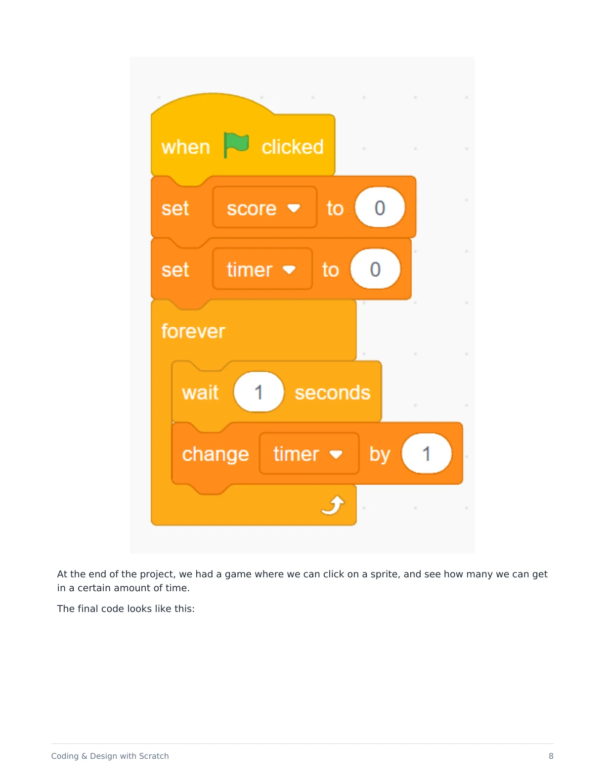 Scratch lesson page showing the complete score and timer code.
