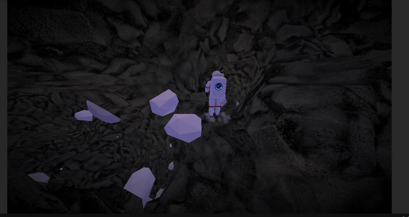 An astronaut explores the planet's rocky cave interior beside purple minerals.