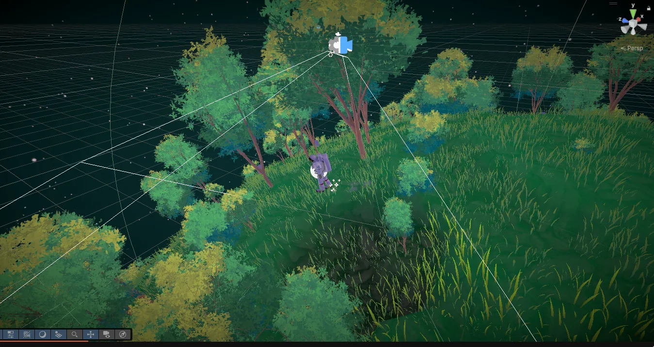 Development capture from the Unity scene editor: trees and grass across curved terrain, with camera gizmos and the editor grid visible.