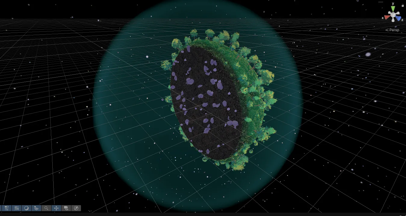 Forested planet cutaway revealing its rocky interior.