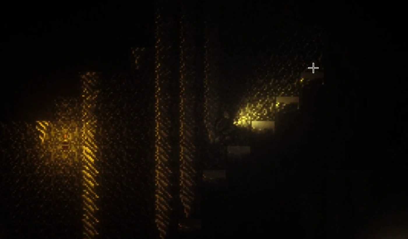 Long golden vines hang down a tall cave shaft beside stepped terrain.