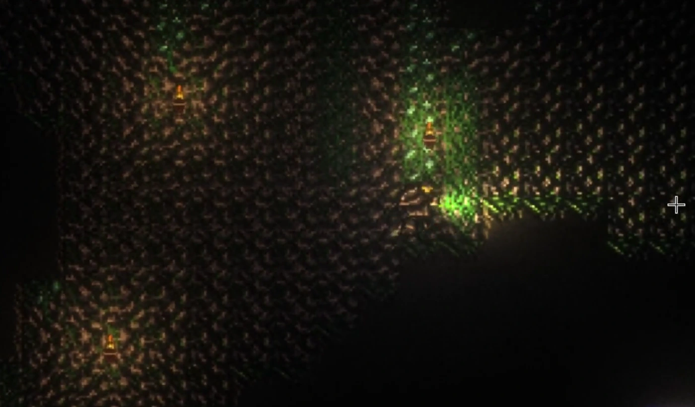 Green vegetation grows across uneven cave walls lit by scattered torches.