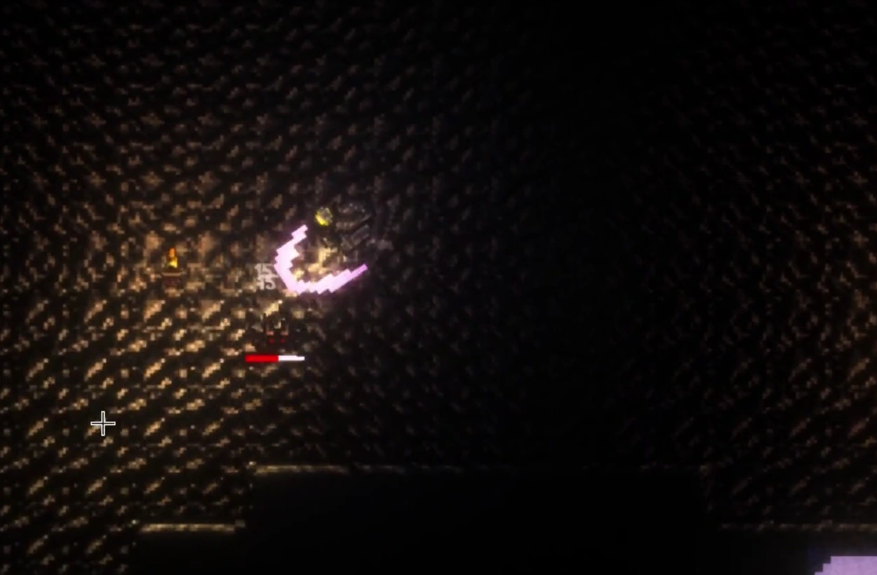 A bright purple weapon swing hits an enemy, with damage numbers and a red enemy health bar visible in the cave.