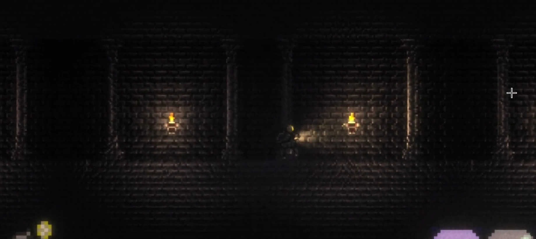 The character passes torchlit brick chambers in a dungeon corridor.