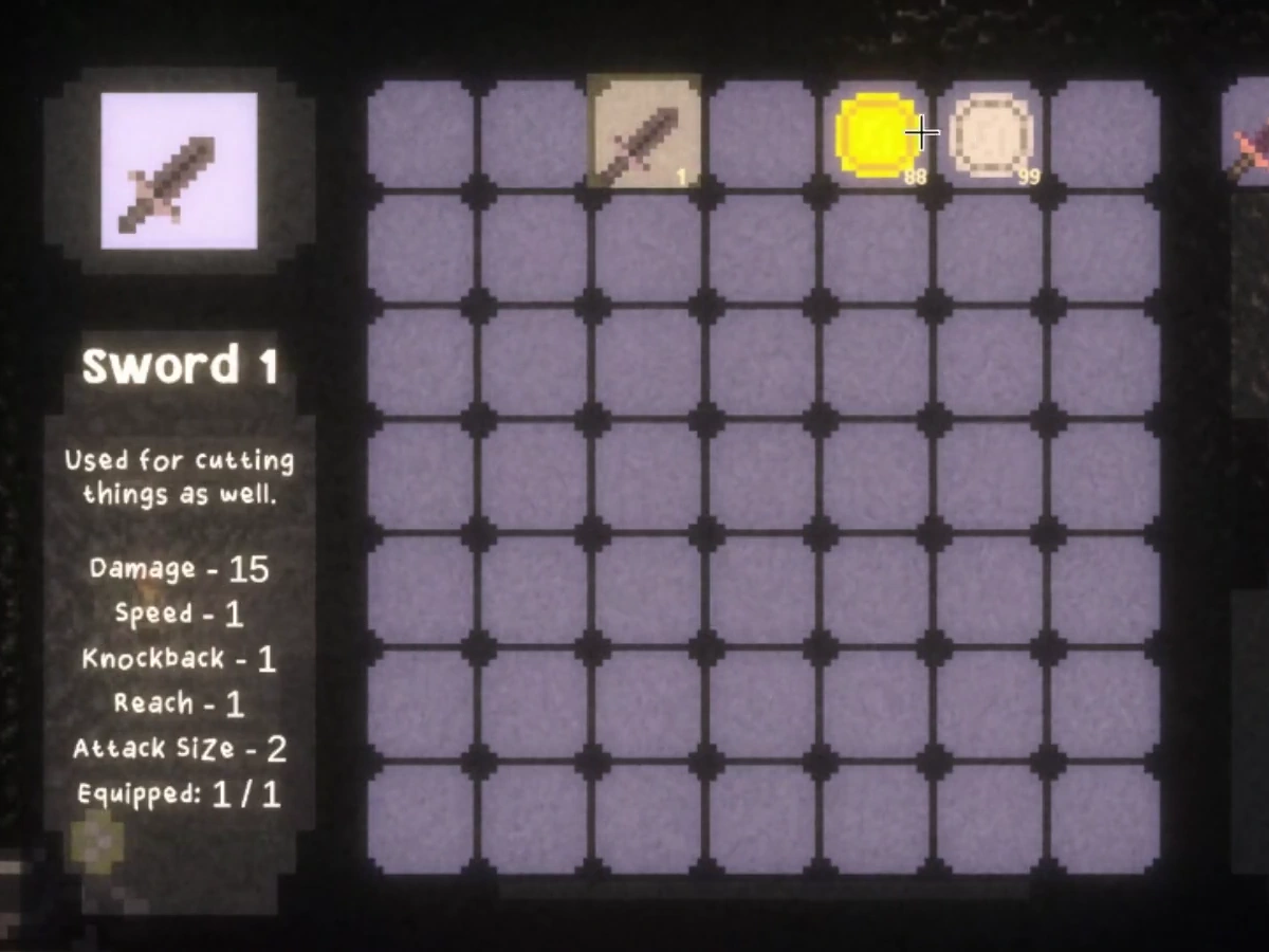 Inventory grid with a selected sword, its damage and reach stats, equipment count, and stacks of coins.